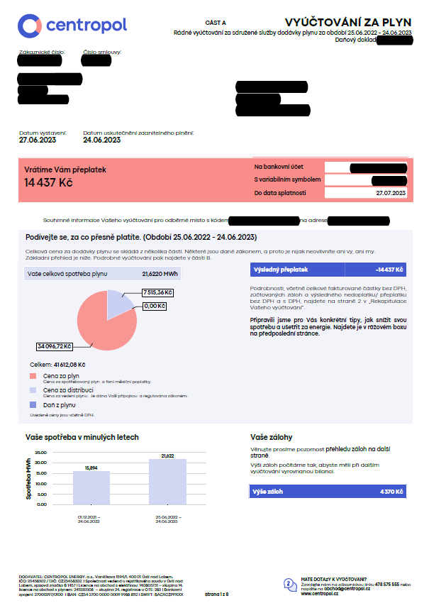 Ukázka faktury za plyn od společnosti Centropol
