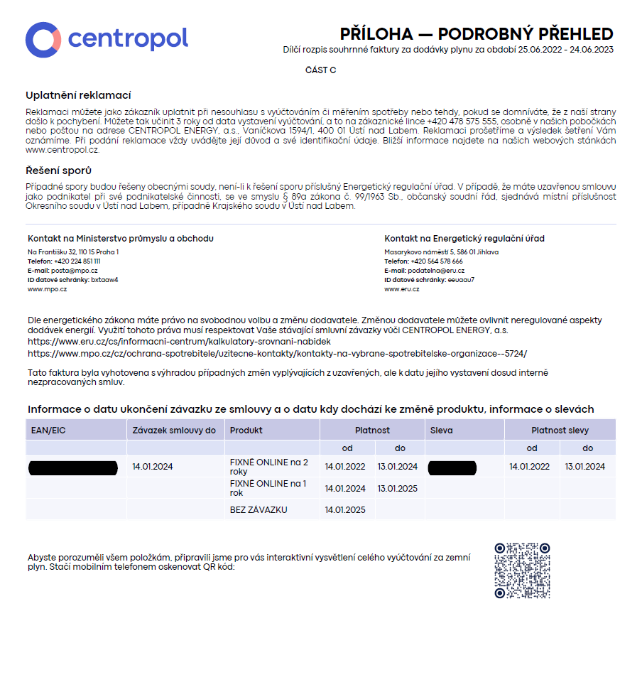 Ukázka faktury za plyn od společnosti Centropol